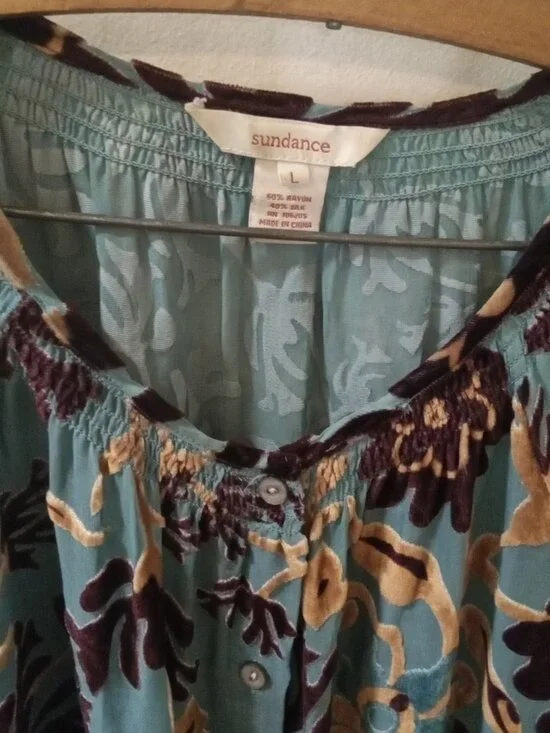 Sundance Sz L sheer turquoise with velvet pattern Blouse - Picture 3 of 6